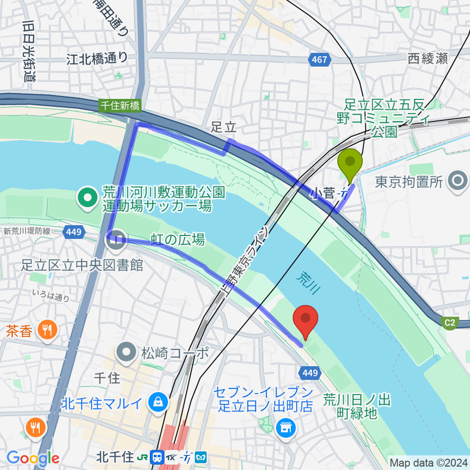 日の出町緑地野球場の最寄駅小菅駅からの徒歩ルート（約11分）地図