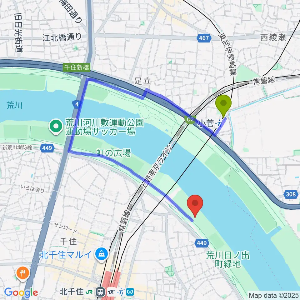 日の出町緑地野球場の最寄駅小菅駅からの徒歩ルート（約11分）地図