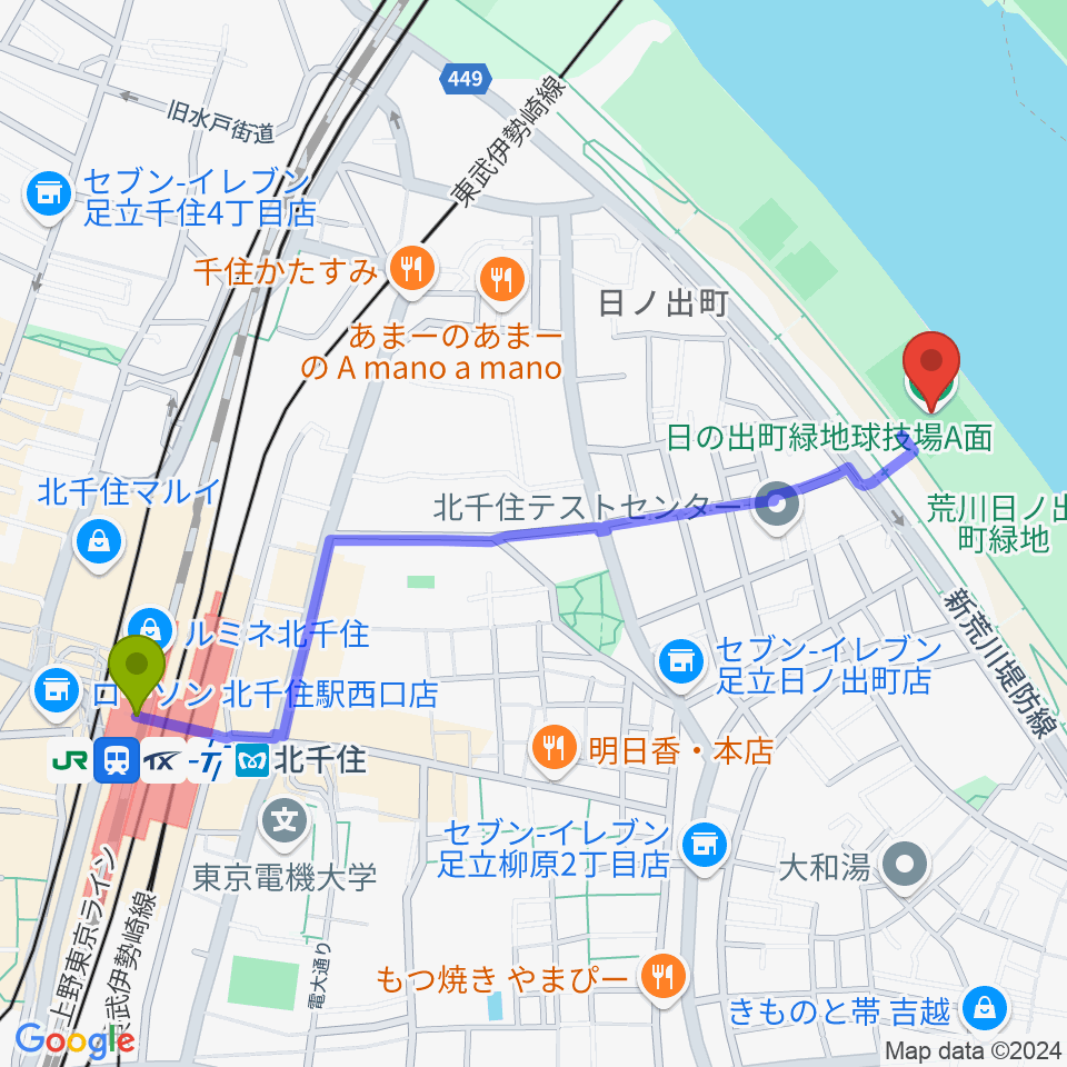 日の出町緑地球技場の最寄駅北千住駅からの徒歩ルート（約12分）地図