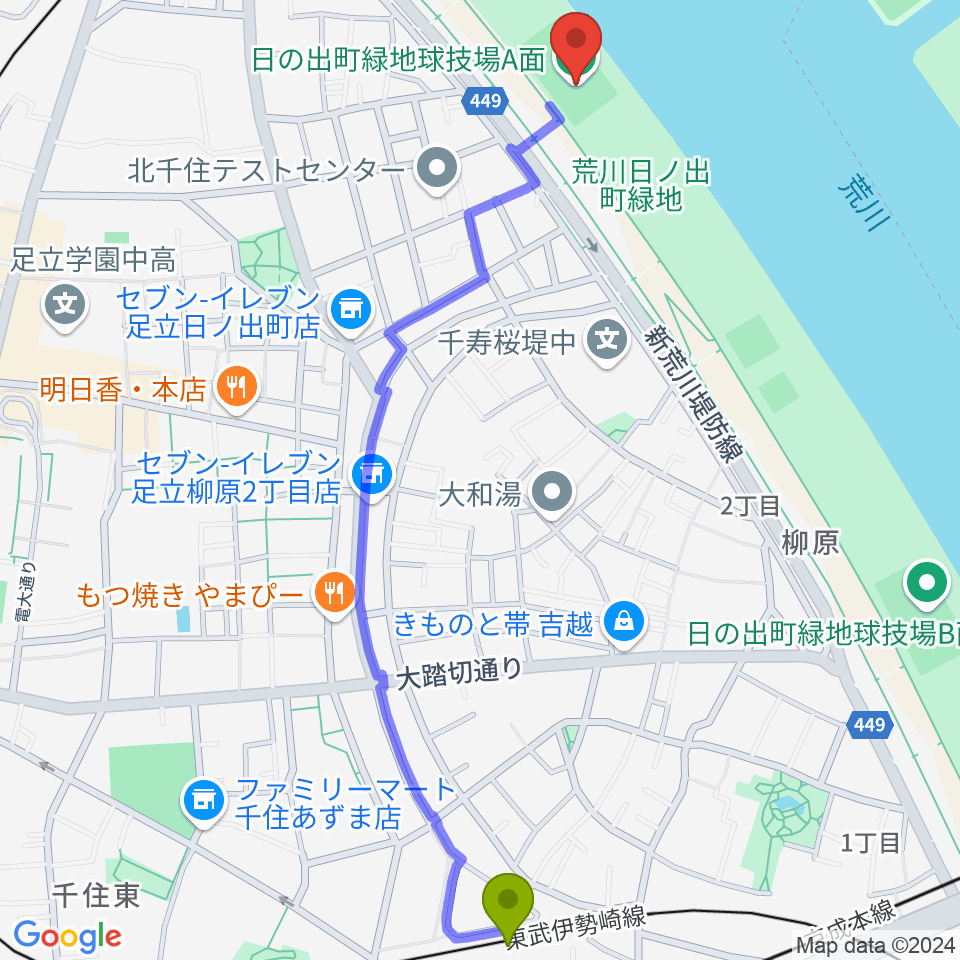 牛田駅から日の出町緑地球技場へのルートマップ地図