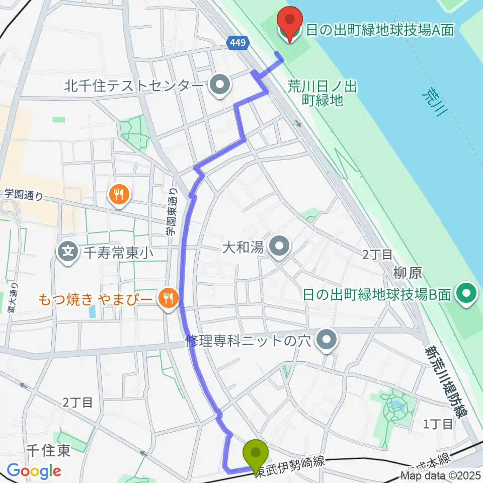 牛田駅から日の出町緑地球技場へのルートマップ地図