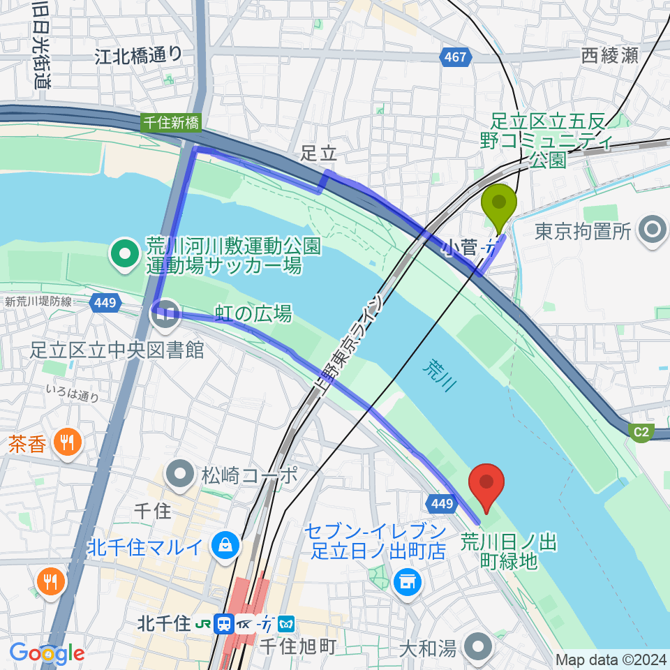 小菅駅から日の出町緑地球技場へのルートマップ地図