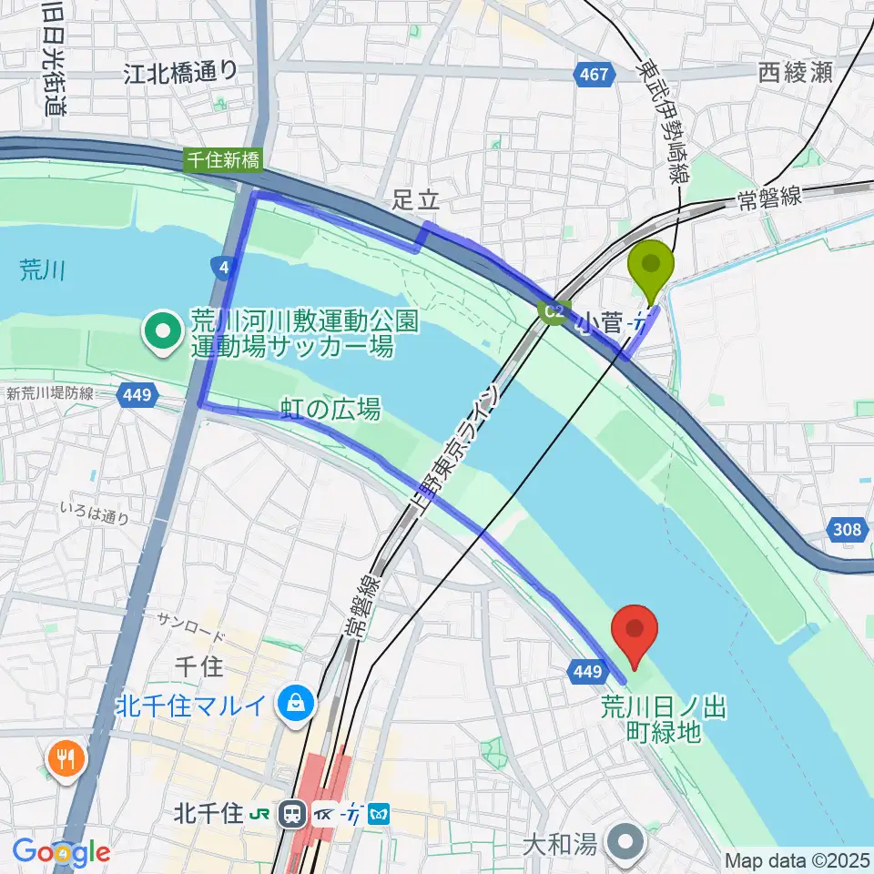 小菅駅から日の出町緑地球技場へのルートマップ地図
