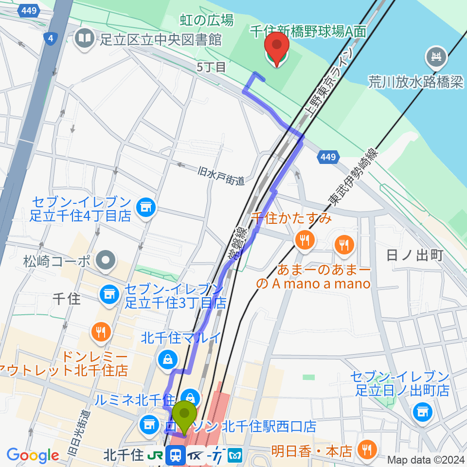 北千住駅から千住新橋野球場へのルートマップ地図