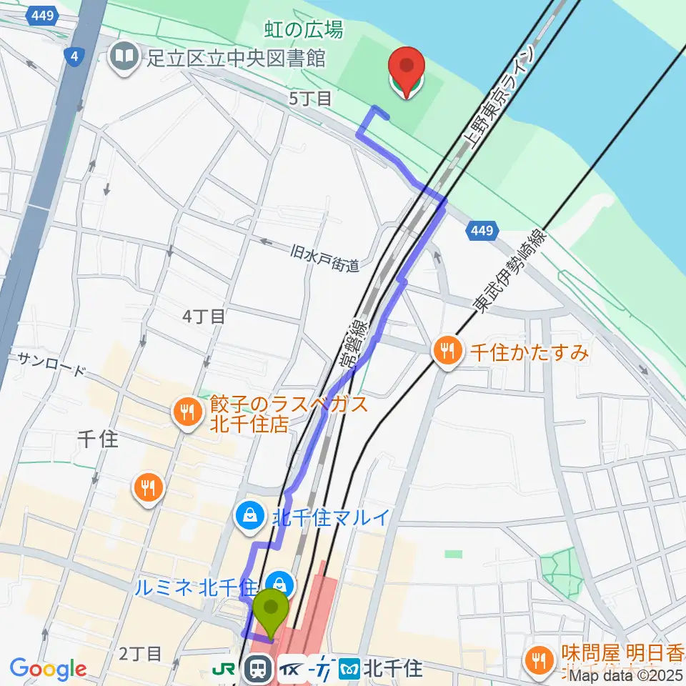 北千住駅から千住新橋野球場へのルートマップ地図