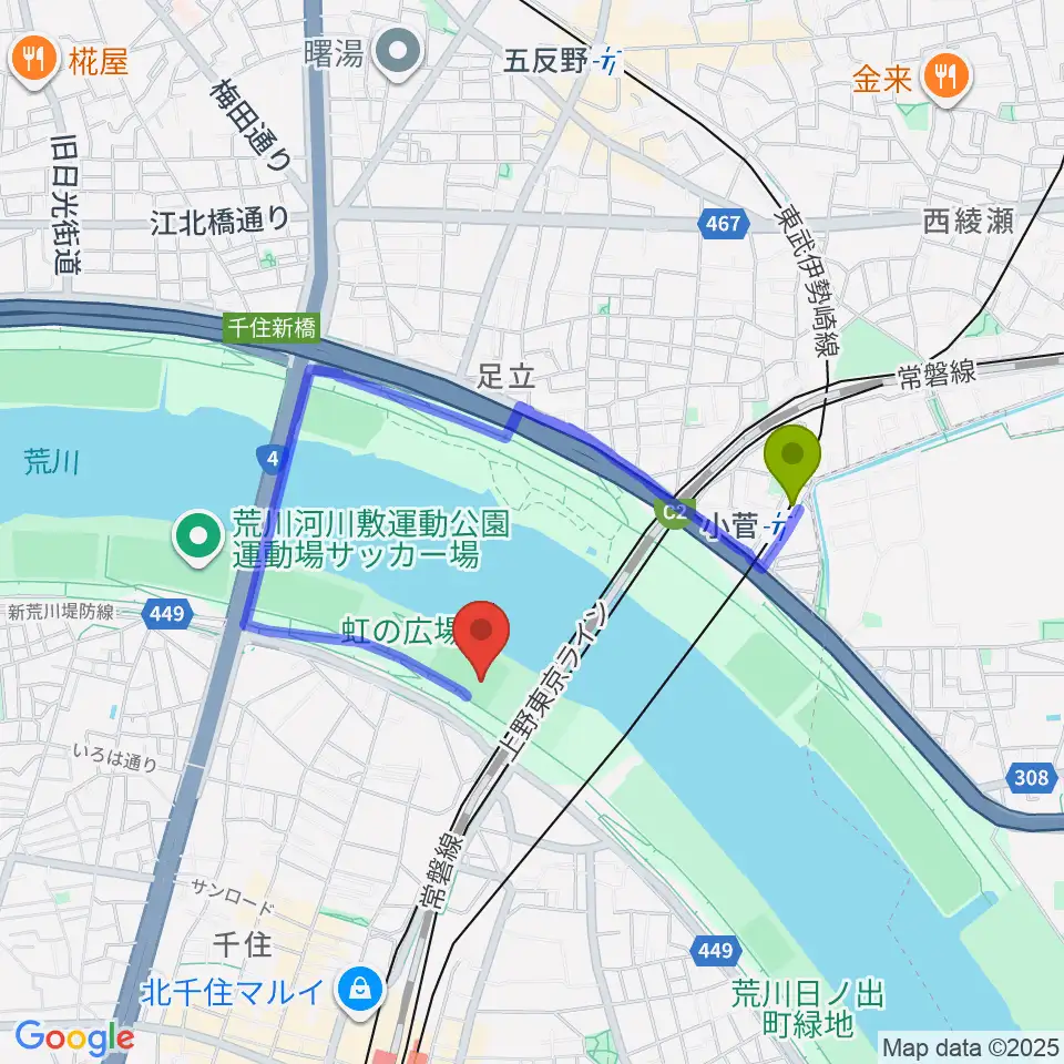 千住新橋野球場の最寄駅小菅駅からの徒歩ルート（約10分）地図