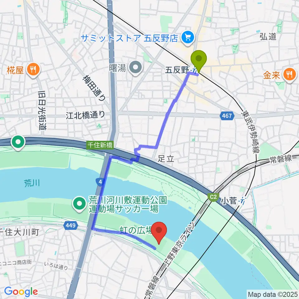 五反野駅から千住新橋野球場へのルートマップ地図