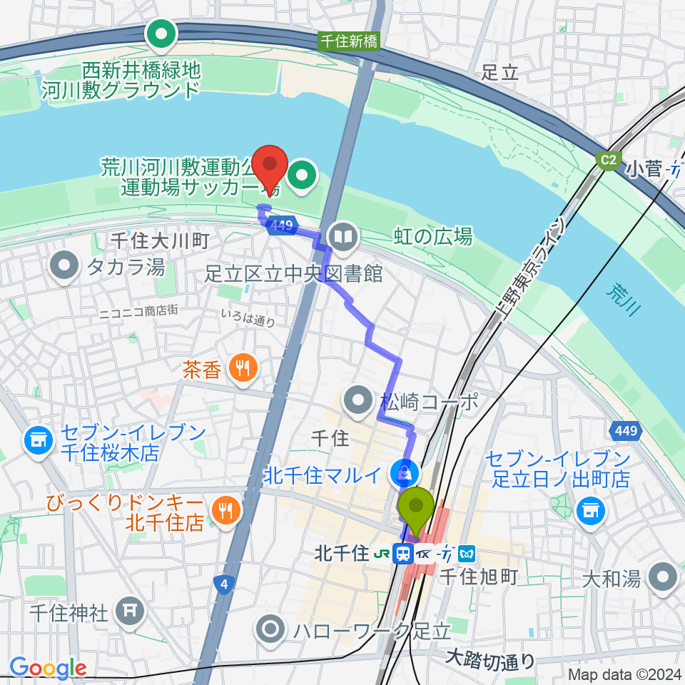 荒川河川敷運動公園野球場の最寄駅北千住駅からの徒歩ルート（約17分）地図