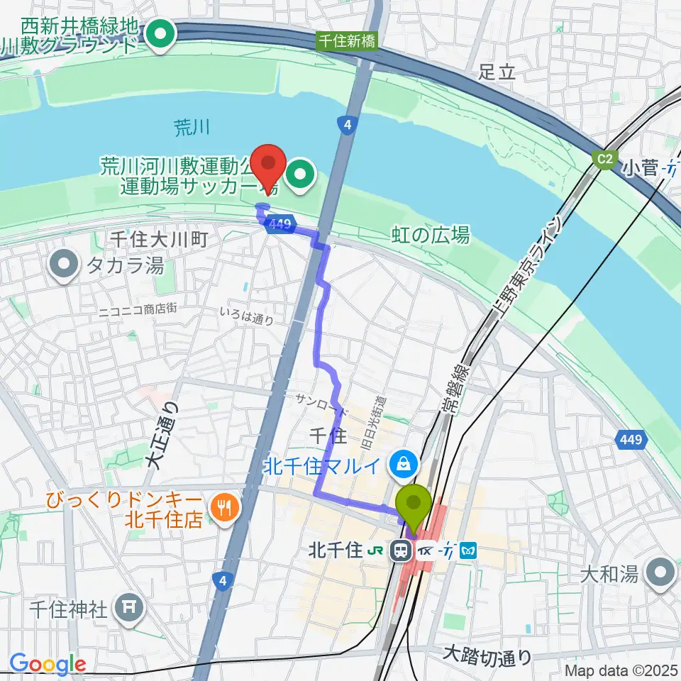 荒川河川敷運動公園野球場の最寄駅北千住駅からの徒歩ルート（約17分）地図