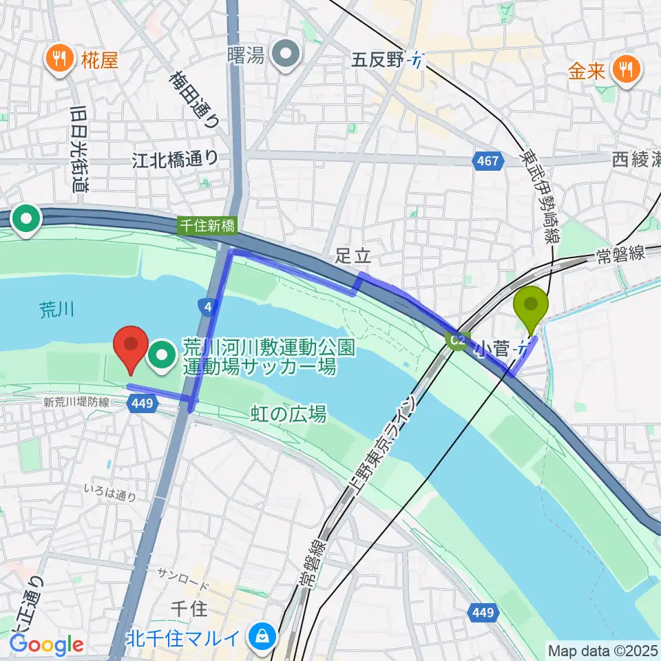小菅駅から荒川河川敷運動公園野球場へのルートマップ地図