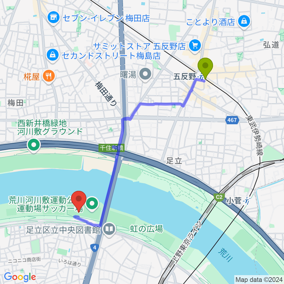 五反野駅から荒川河川敷運動公園野球場へのルートマップ地図