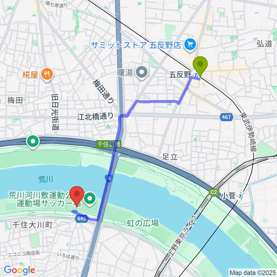 五反野駅から荒川河川敷運動公園野球場へのルートマップ地図