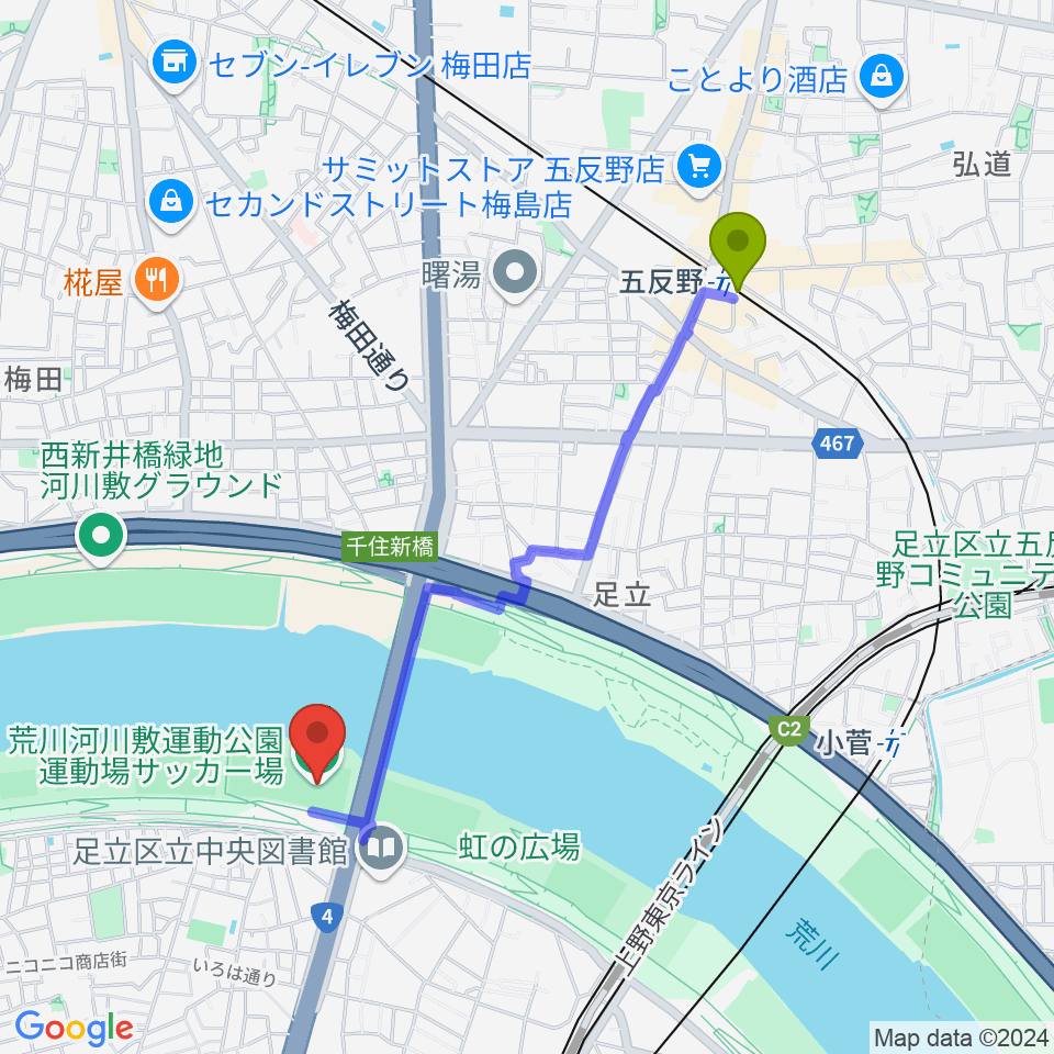 五反野駅から荒川河川敷運動公園サッカー場へのルートマップ地図