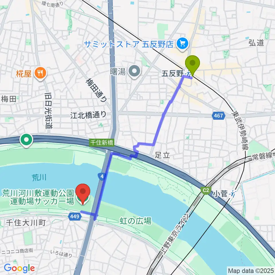 五反野駅から荒川河川敷運動公園サッカー場へのルートマップ地図