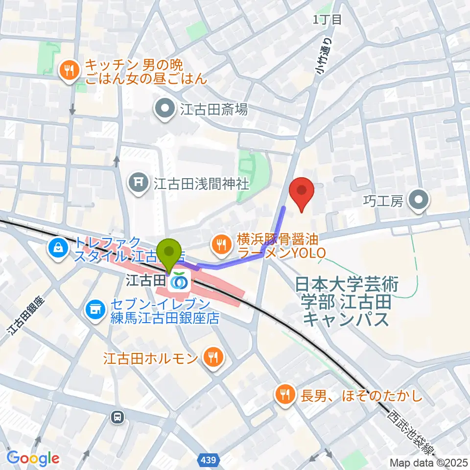 スタジオダスティミラーの最寄駅江古田駅からの徒歩ルート（約2分）地図
