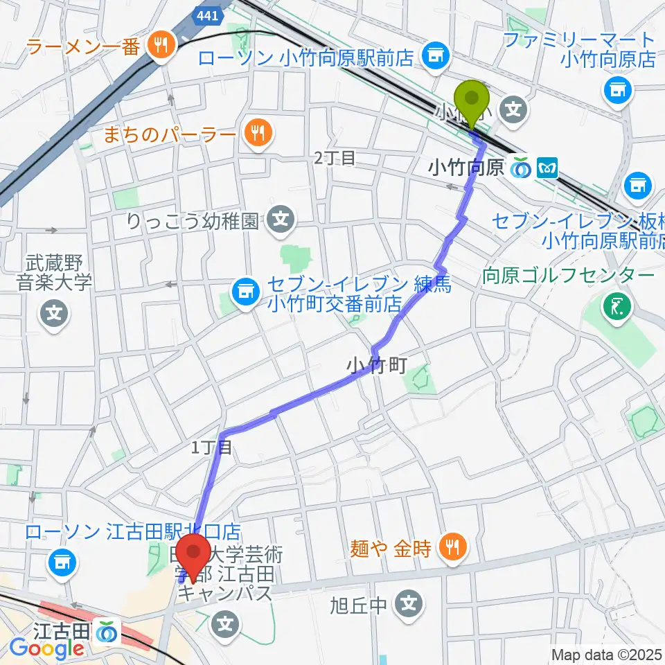 小竹向原駅からスタジオダスティミラーへのルートマップ地図
