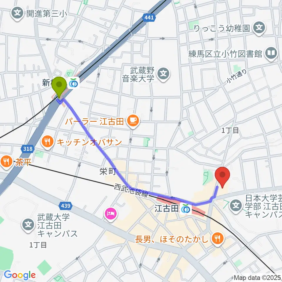 新桜台駅からスタジオダスティミラーへのルートマップ地図