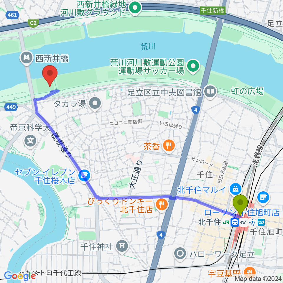西新井橋野球場の最寄駅北千住駅からの徒歩ルート（約25分）地図