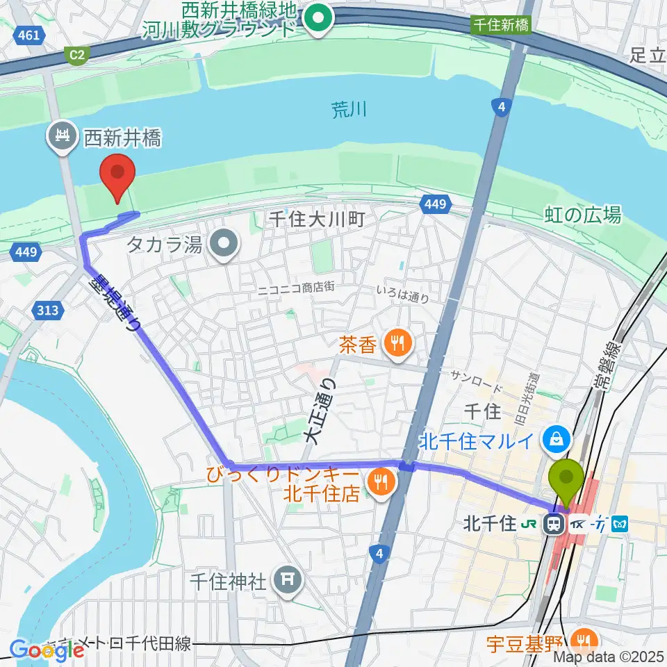 西新井橋野球場の最寄駅北千住駅からの徒歩ルート（約25分）地図