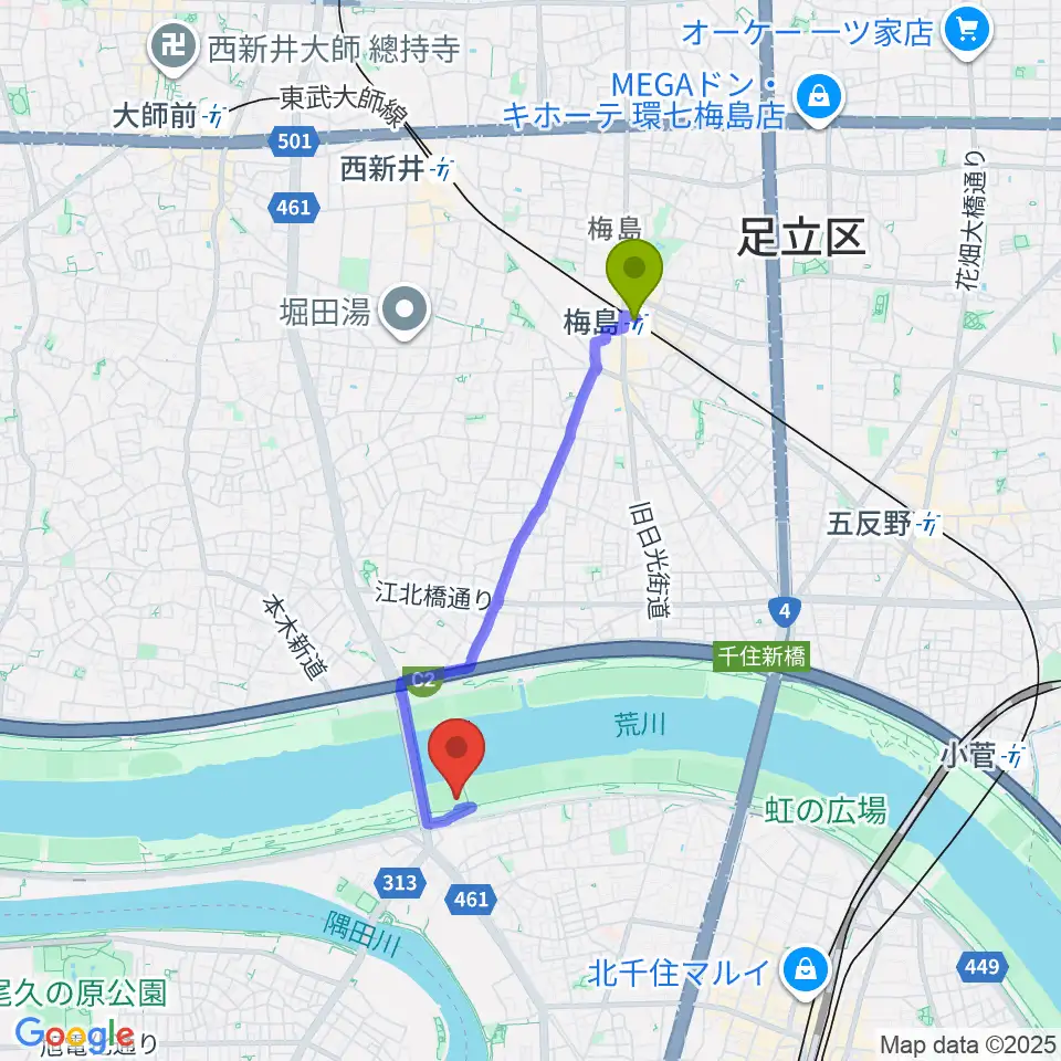 梅島駅から西新井橋野球場へのルートマップ地図