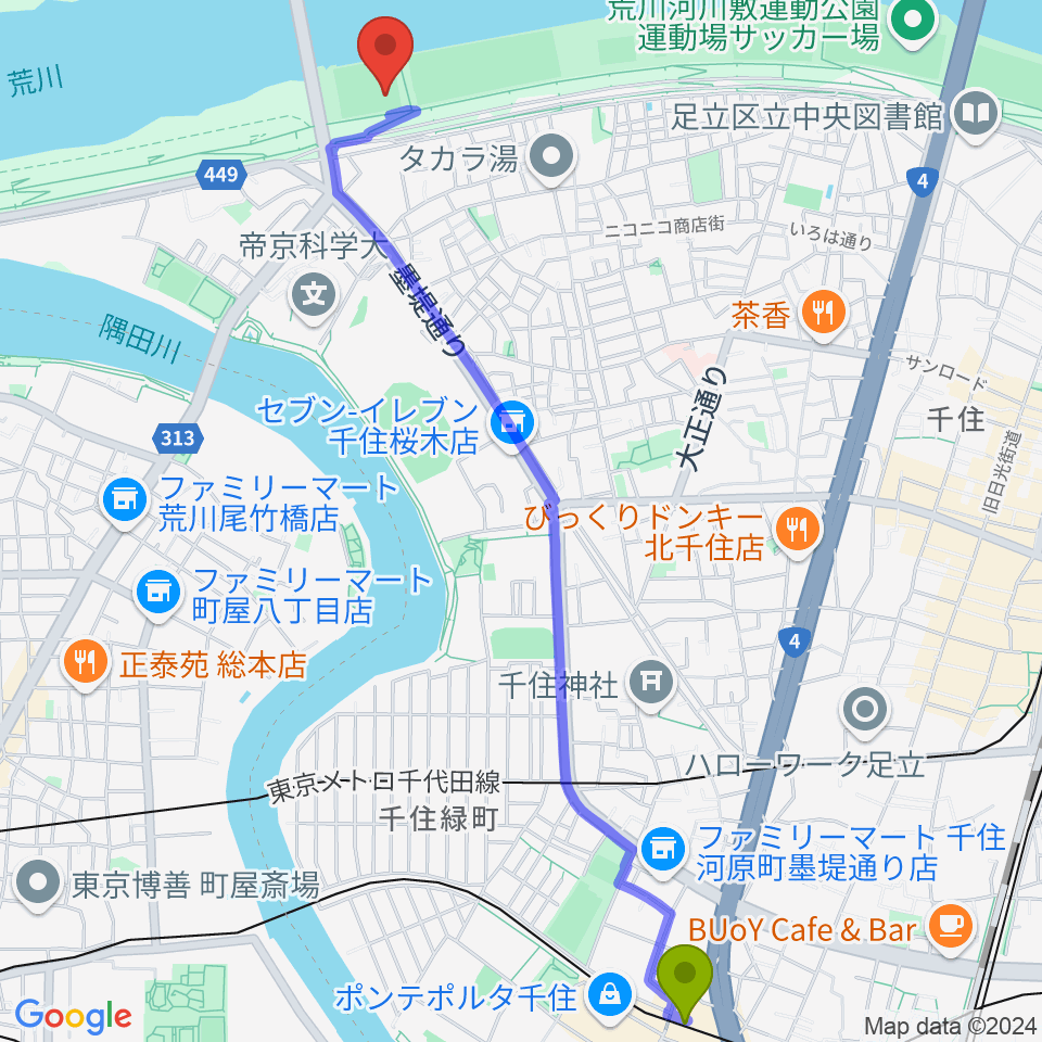 千住大橋駅から西新井橋野球場へのルートマップ地図