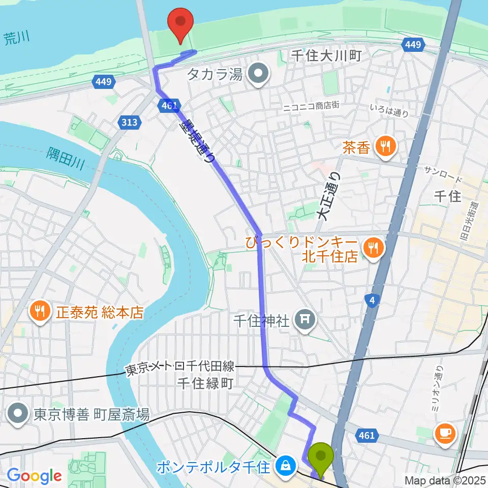 千住大橋駅から西新井橋野球場へのルートマップ地図