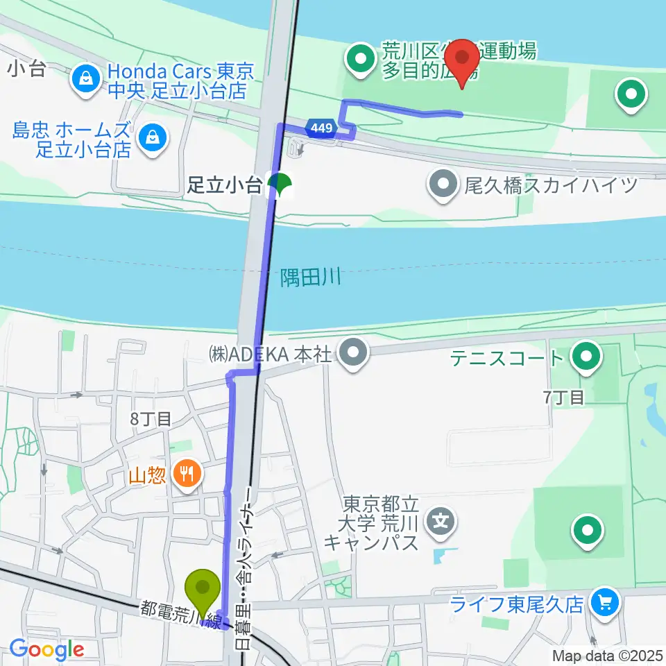 熊野前駅から荒川区少年運動場野球場へのルートマップ地図