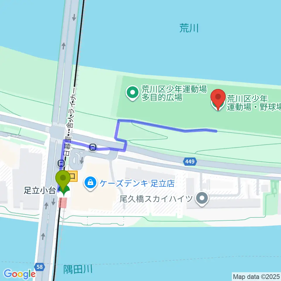 荒川区少年運動場野球場の最寄駅足立小台駅からの徒歩ルート（約5分）地図
