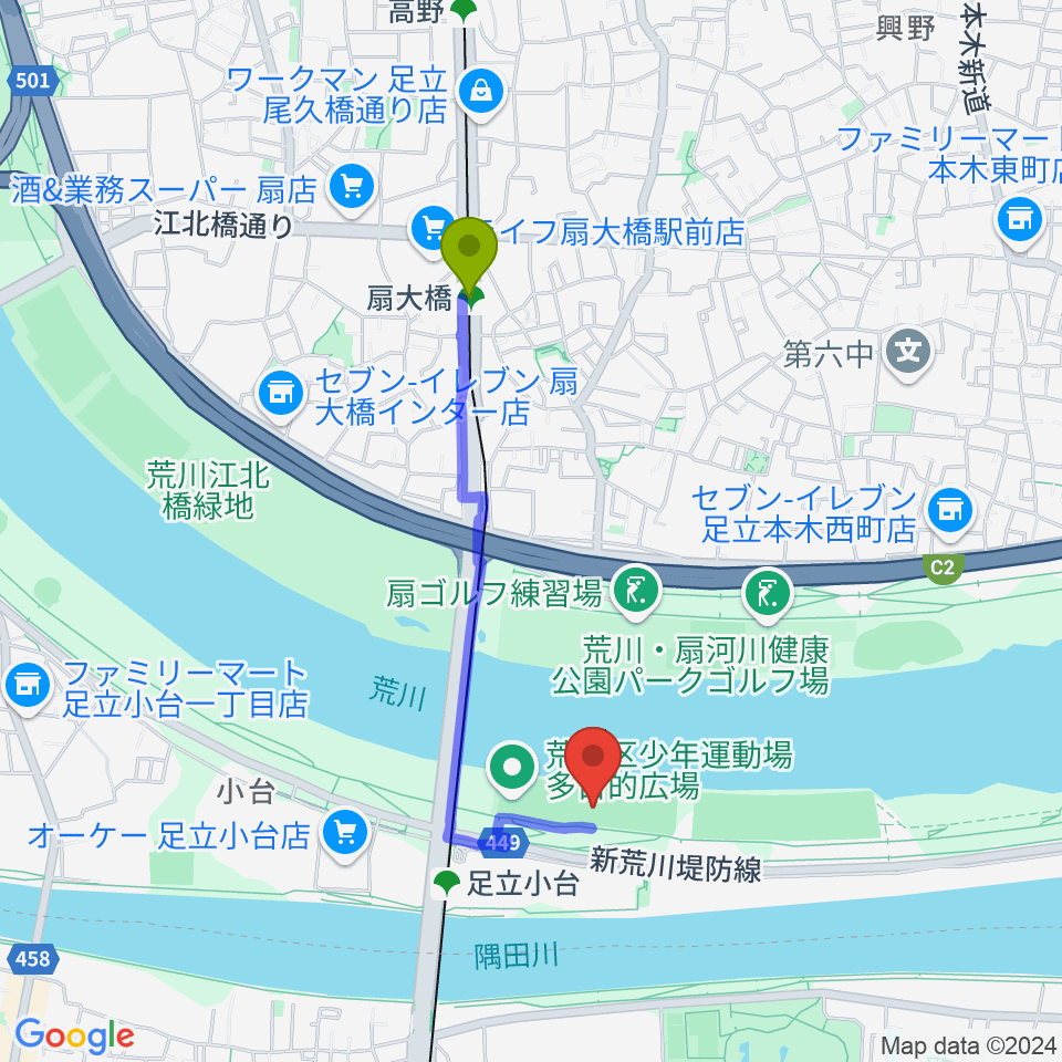 扇大橋駅から荒川区少年運動場野球場へのルートマップ地図