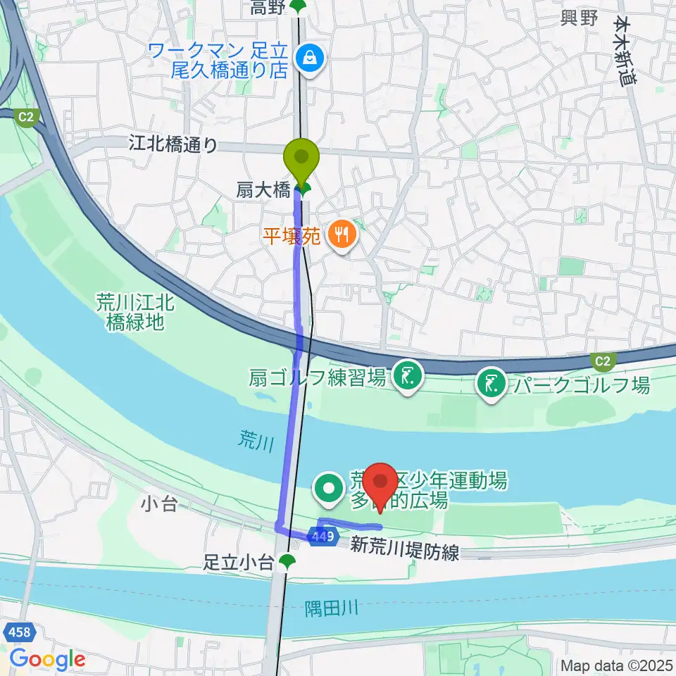 扇大橋駅から荒川区少年運動場野球場へのルートマップ地図