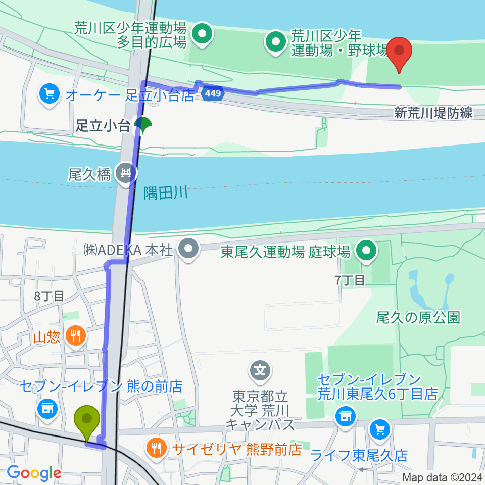 熊野前駅から荒川区少年運動場サッカー場へのルートマップ地図