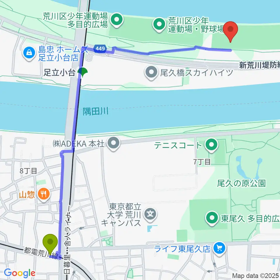 熊野前駅から荒川区少年運動場サッカー場へのルートマップ地図