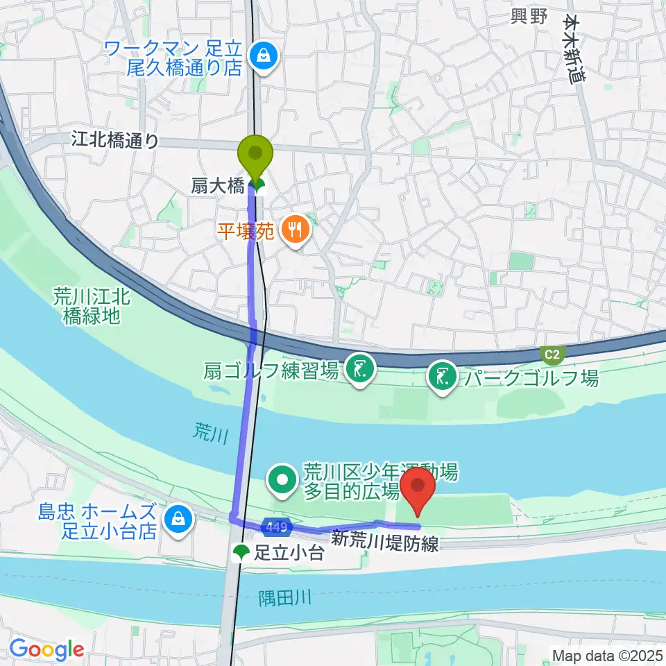 扇大橋駅から荒川区少年運動場サッカー場へのルートマップ地図