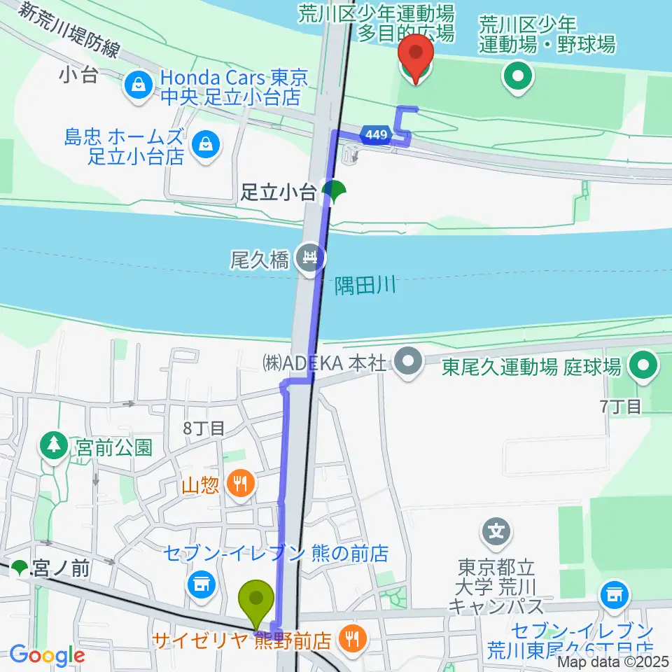 熊野前駅から荒川区少年運動場多目的広場へのルートマップ地図
