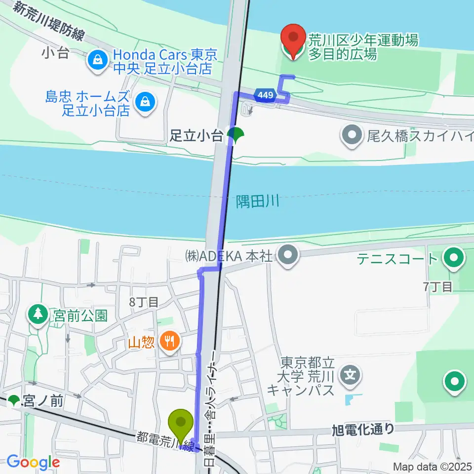 熊野前駅から荒川区少年運動場多目的広場へのルートマップ地図