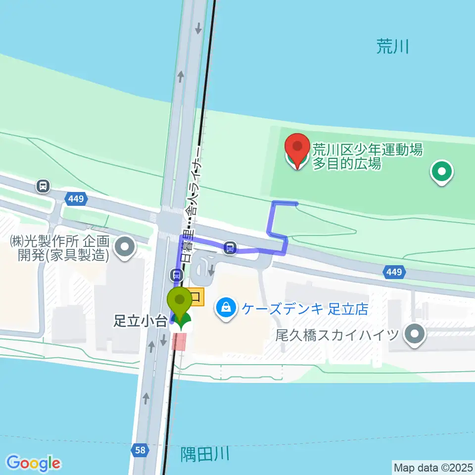 荒川区少年運動場多目的広場の最寄駅足立小台駅からの徒歩ルート（約3分）地図