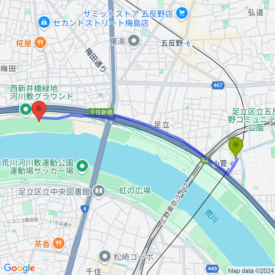 小菅駅から西新井橋緑地野球場へのルートマップ地図