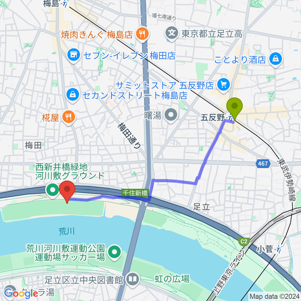 西新井橋緑地野球場の最寄駅五反野駅からの徒歩ルート（約19分）地図