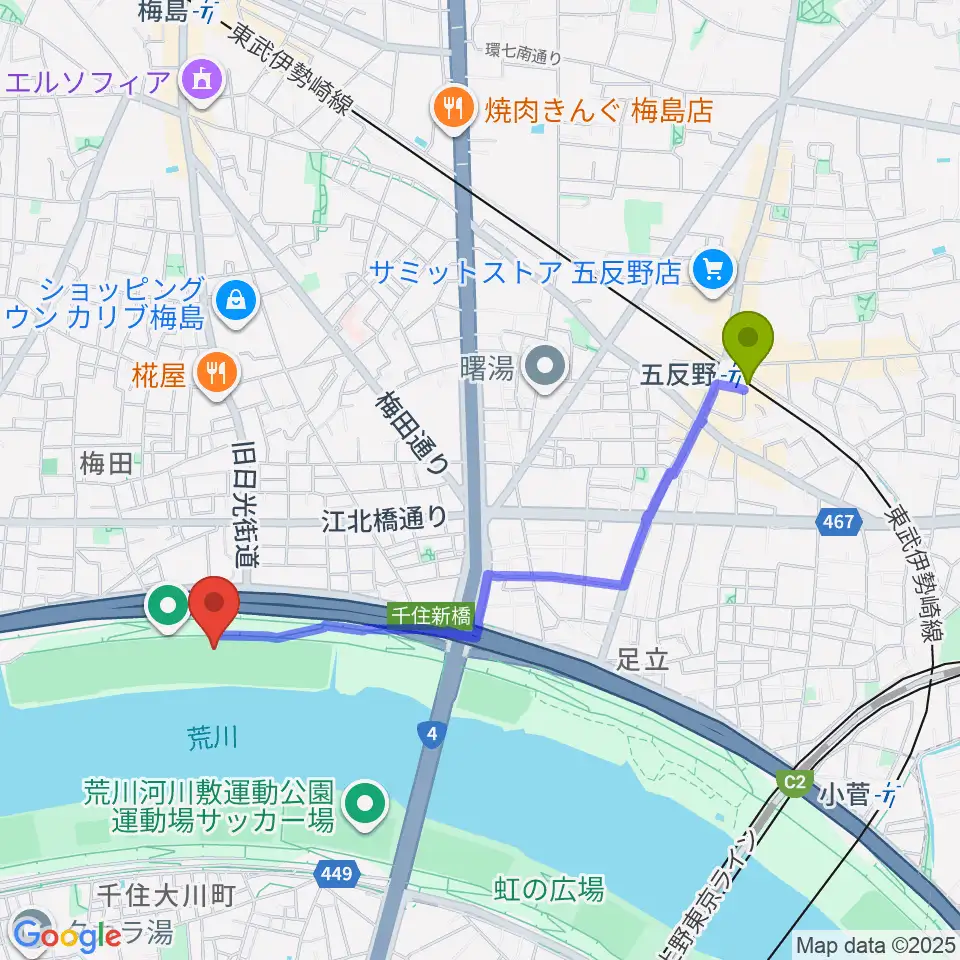 西新井橋緑地野球場の最寄駅五反野駅からの徒歩ルート（約19分）地図