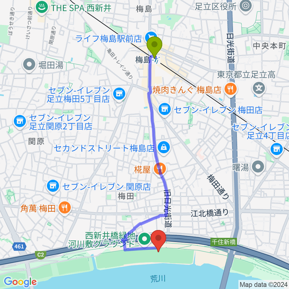 梅島駅から西新井橋緑地野球場へのルートマップ地図