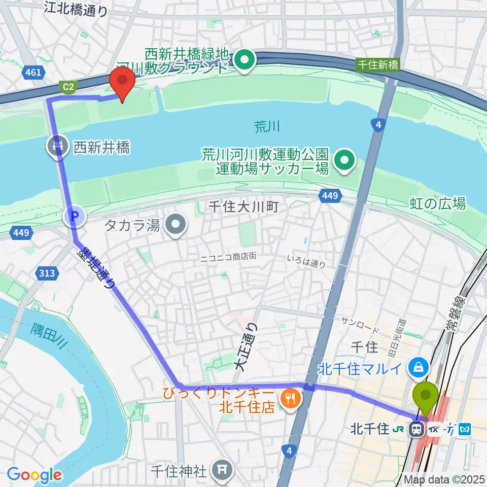 北千住駅から西新井橋緑地球技場へのルートマップ地図