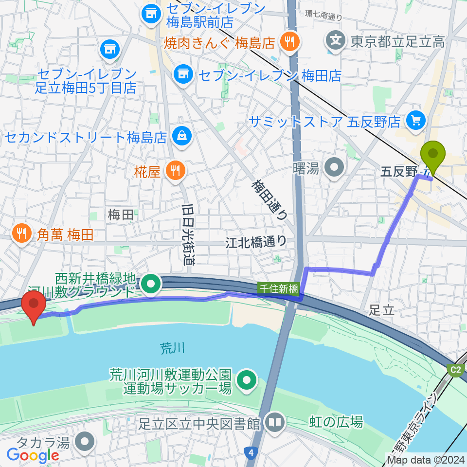 五反野駅から西新井橋緑地球技場へのルートマップ地図