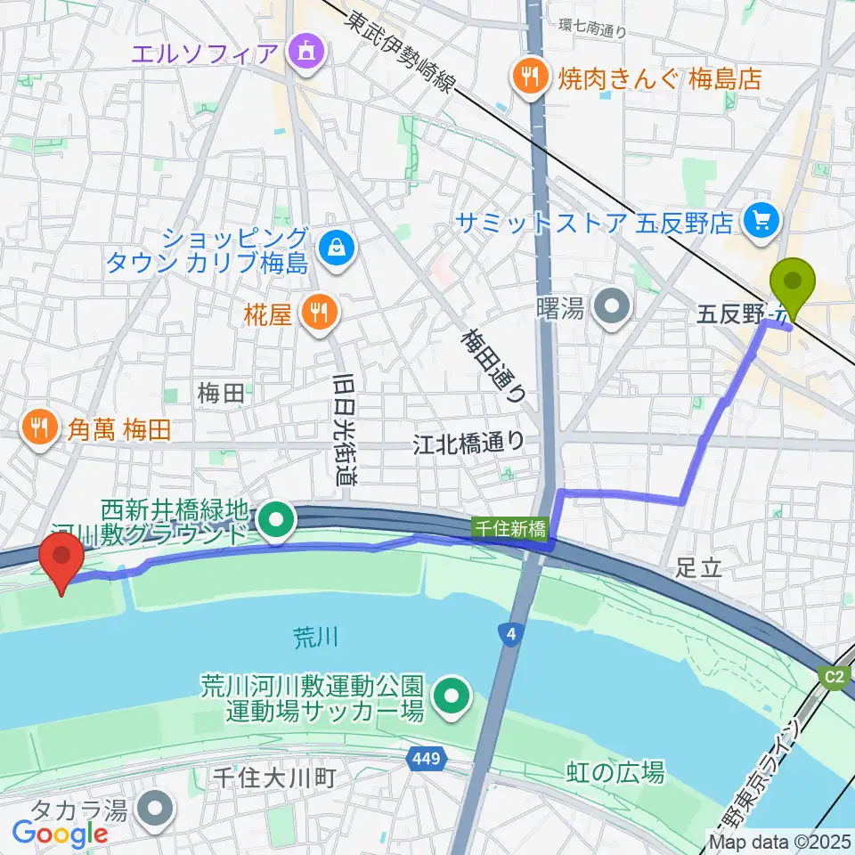 五反野駅から西新井橋緑地球技場へのルートマップ地図