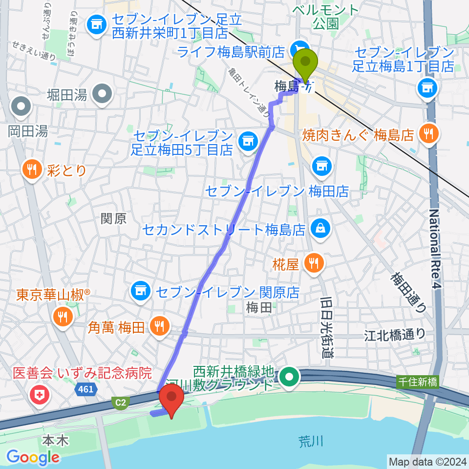 西新井橋緑地球技場の最寄駅梅島駅からの徒歩ルート（約24分）地図