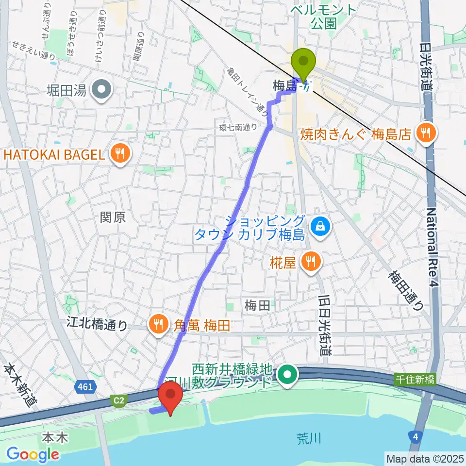 西新井橋緑地球技場の最寄駅梅島駅からの徒歩ルート（約24分）地図