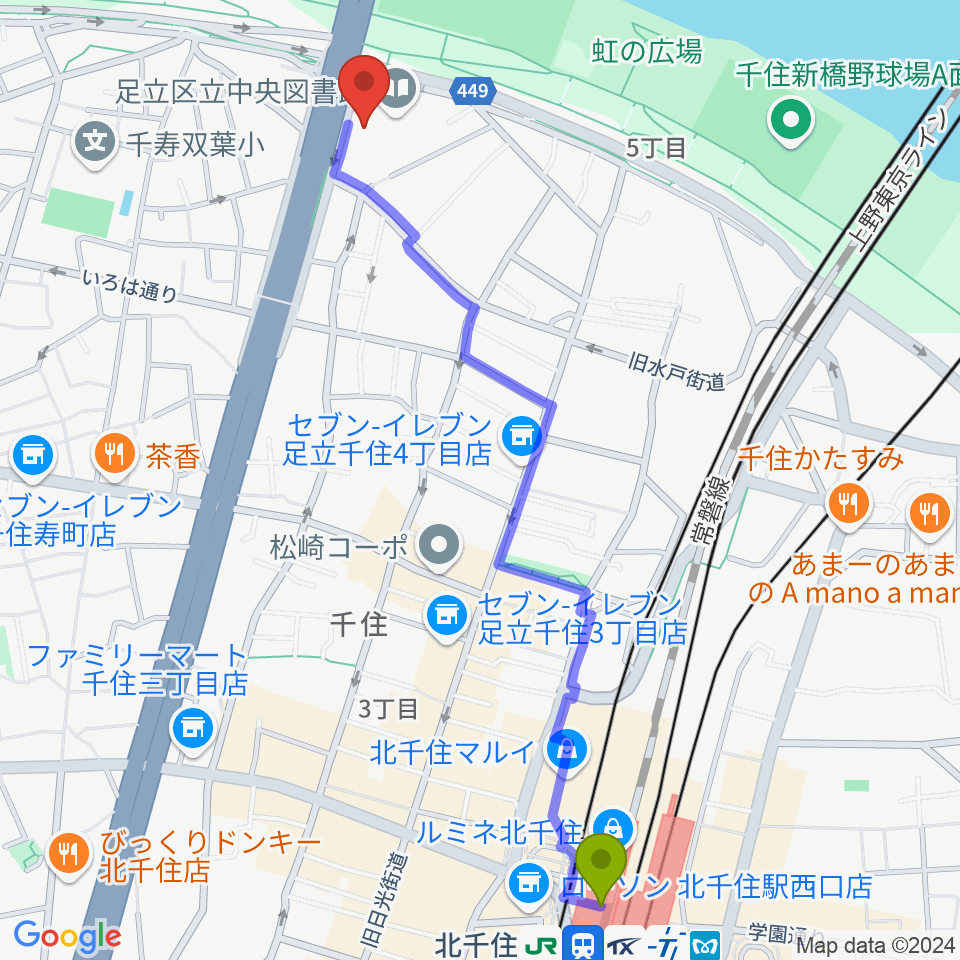 足立区生涯学習センターの最寄駅北千住駅からの徒歩ルート（約13分）地図