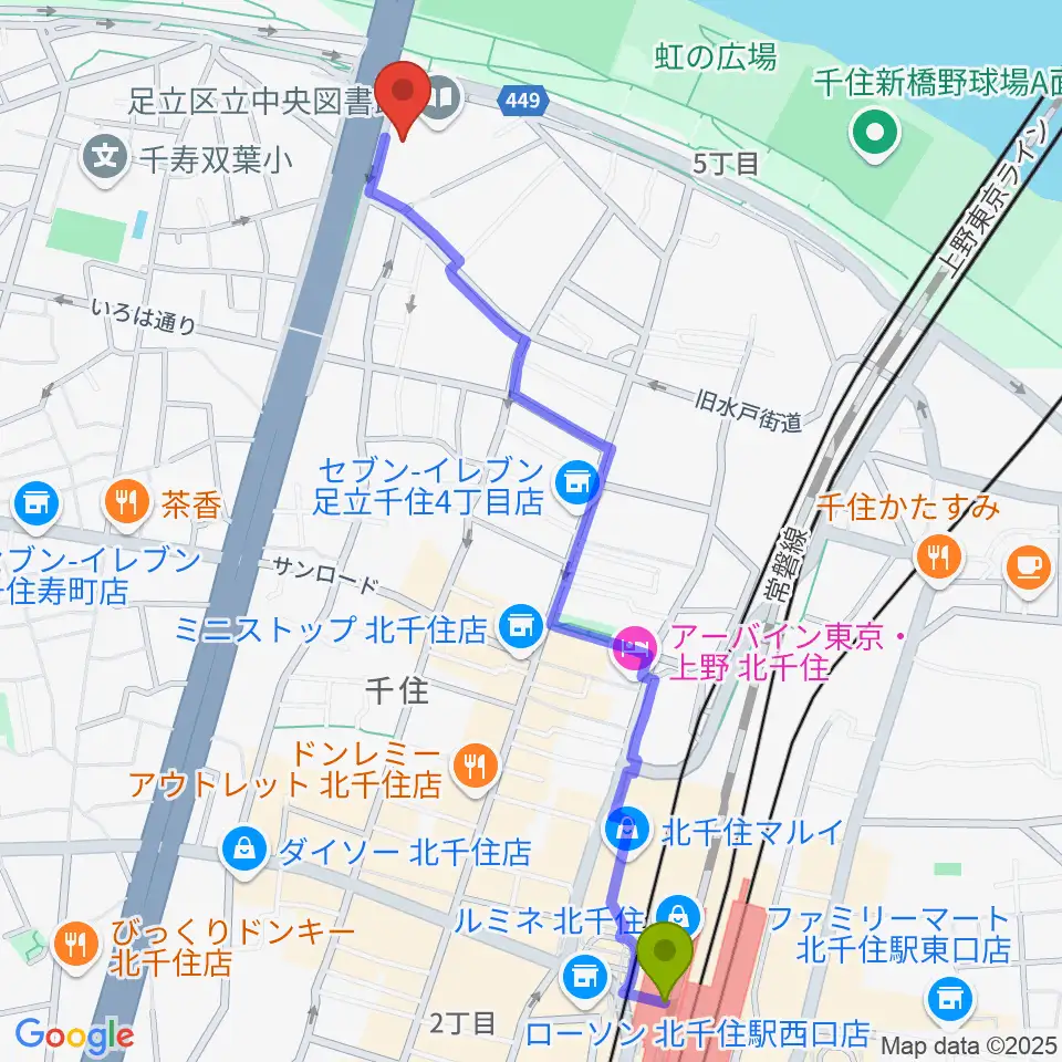 足立区生涯学習センターの最寄駅北千住駅からの徒歩ルート（約13分）地図