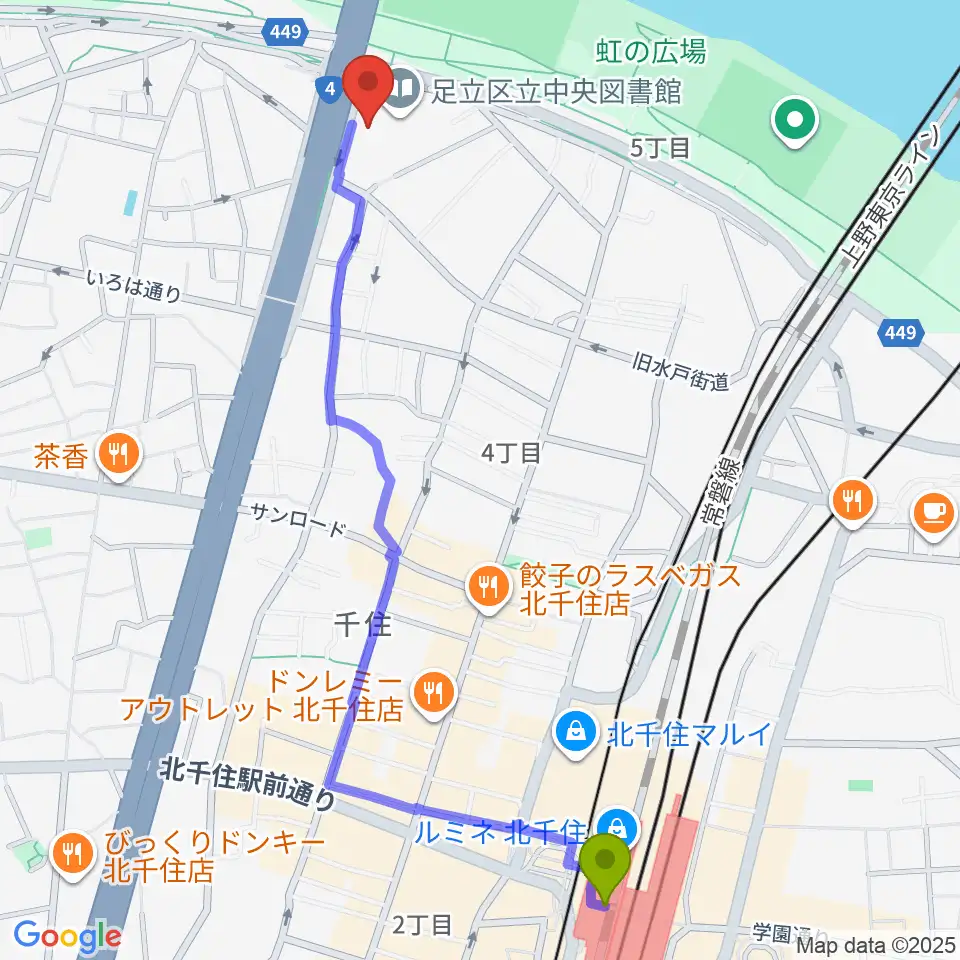 足立区生涯学習センターの最寄駅北千住駅からの徒歩ルート（約13分）地図