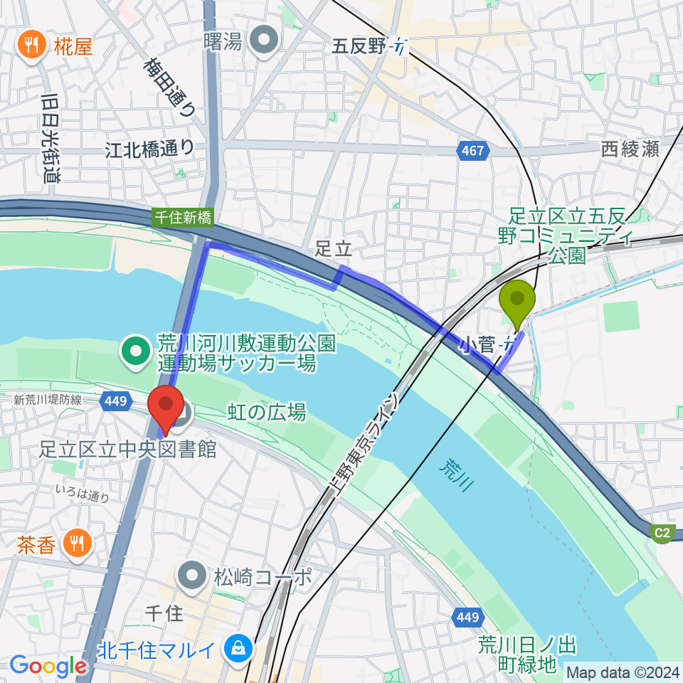 小菅駅から足立区生涯学習センターへのルートマップ地図