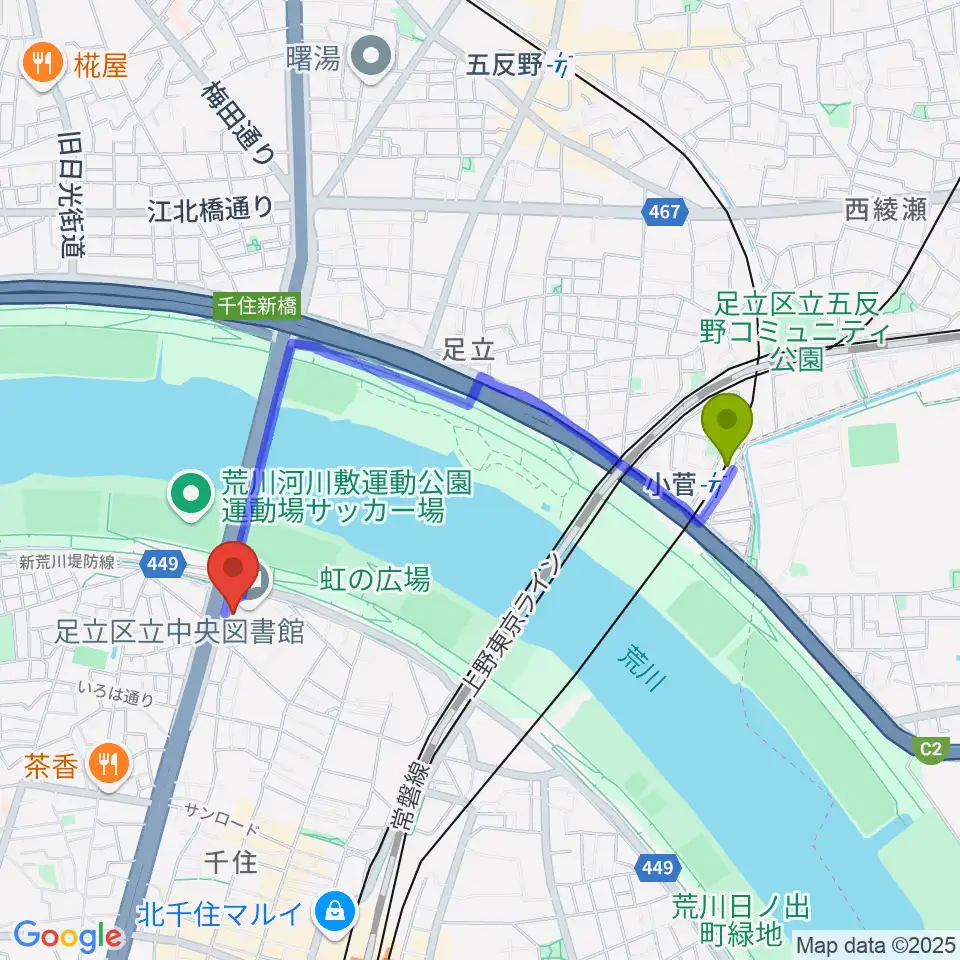 小菅駅から足立区生涯学習センターへのルートマップ地図